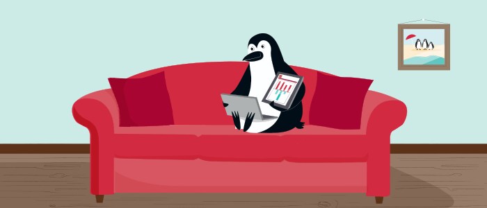 Percy sits on couch to learn about CIBC products