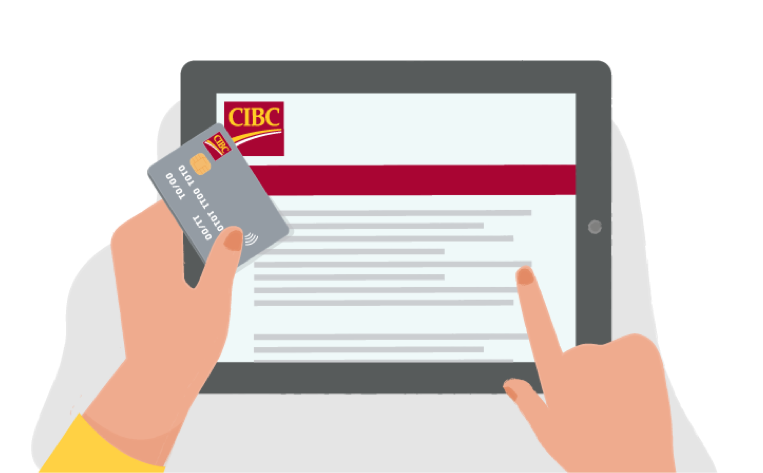 Un client tient une carte de crédit CIBC et accède à CIBC en direct sur une tablette.