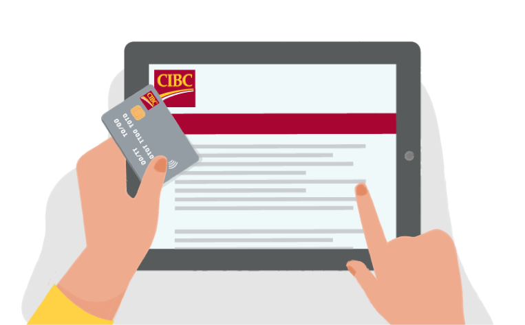 A client holding a CIBC credit card and accessing Online Banking on a tablet.