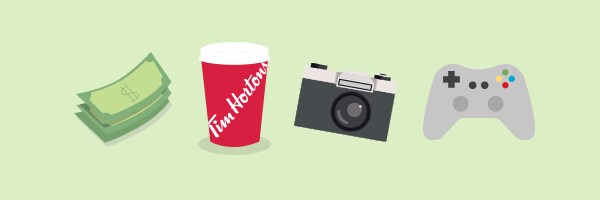 Cash, Tim Hortons coffee cup, camera, and video game controller