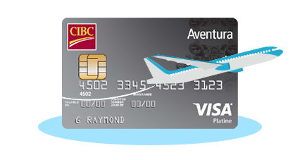 Une carte Aventura CIBC Visa et un avion.