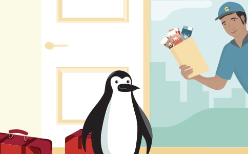 Percy Penguin receiving a cash delivery.
