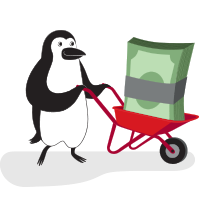 Illustration of Percy Penguin with a wheelbarrow full of cash