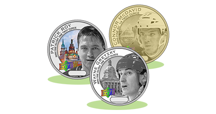 Hockey collector coins featuring Connor McDavid, Wayne Gretzky and Patrick Roy