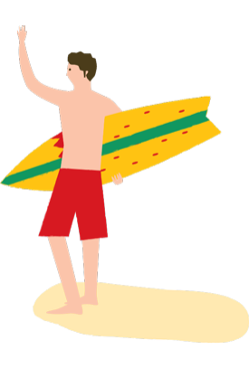 graphic of a surfer standing on the sand, holding his board, waving to someone