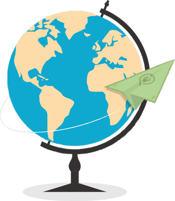 Illustration d’un billet de dollar plié en forme d’avion s’envolant autour d’un globe terrestre sur pied
