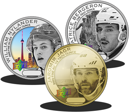 Hockey collector coins featuring William Nylander, Jaromir Jagr and Patrice Bergeron