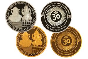 : front and back of a 1-ounce silver Diwali Lakshmi coin; front and back of a 1-ounce gold Diwali Lakshmi coin