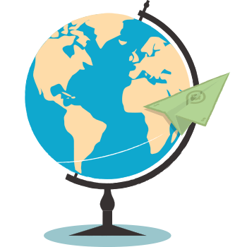 Paper plane folded out of cash, zipping around a globe.