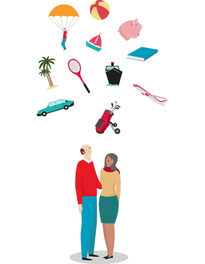 Illustration of a mature couple, looking upward at items representing their retirement plans: travel, sports, education, sailing, parachuting