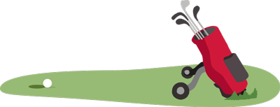 Illustration d’un sac de golf remplis de bâtons posé sur un chariot en attente sur le vert