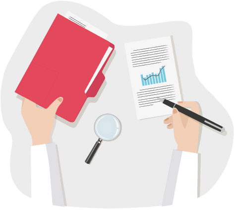 Hands holding a file and a fountain pen while closely studying a financial report