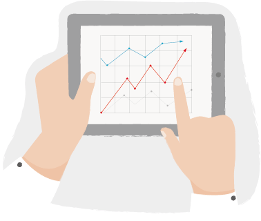 Hands holding a tablet showing a financial chart on screen