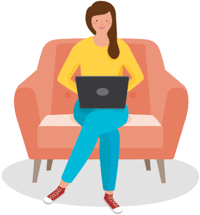 Une femme assise confortalement dans un fauteuil fait des recherches sur son ordinateur portable