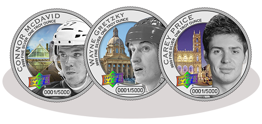 Pièces de monnaie au fini argent de base mettant en vedette Connor McDavid, Wayne Gretzky et Carey Price