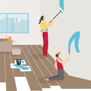 Graphic of family painting new house