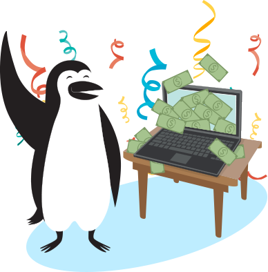 Dollar bills flying out of Percy Penguin’s computer screen