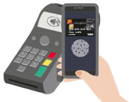 A hand holding an iPhone over a payment terminal