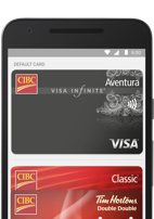 A phone screen displays default payment options with Google Pay