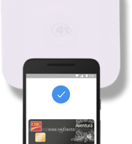 A phone screen displays payment with Google Pay