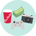 Des billets de banque, une tasse à café Tim Hortons, un appareil photo et une manette de jeu vidéo.