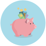 Piggy bank with coins and dollar bills
