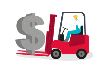 Un homme transportant un symbole de dollar géant à l’aide d’un chariot élévateur