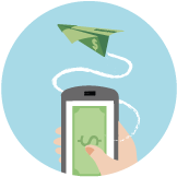A dollar bill folded into the shape of an airplane flies out of a smartphone