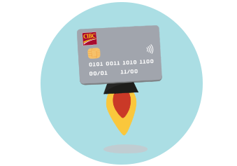 A CIBC card blasting off like a rocketship