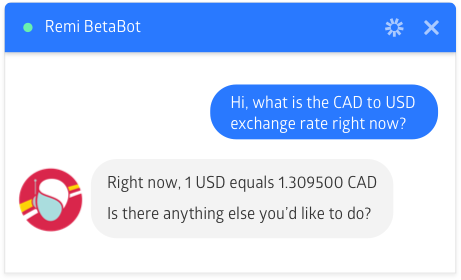 Client chats with Remi BetaBot about GMT exchange rates.