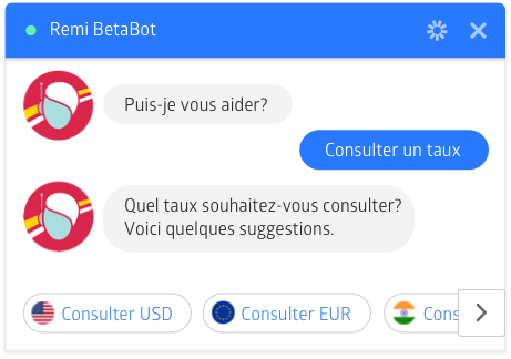 Une conversation entre Rémi BâtaBot et un client demandant un taux de change.