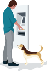 A man with a dog on a leash using an ATM.