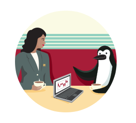 Percy Penguin sitting at a table with an advisor.