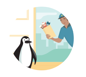 A delivery man brings foreign cash to Percy Penguin.