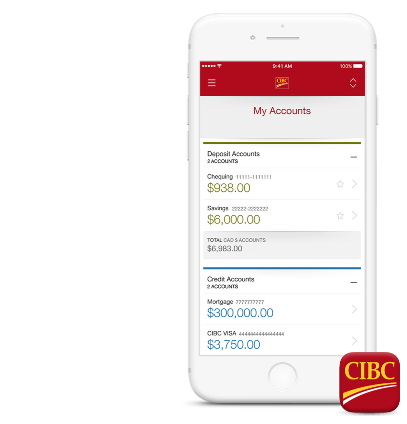Smartphone with CIBC account details displaying