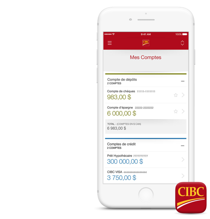 Un téléphone intelligent affiche le solde de différents comptes bancaires CIBC.