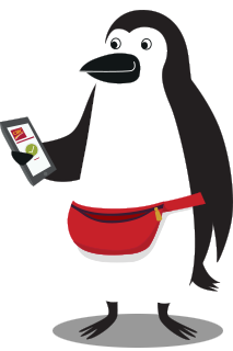 Notre mascotte, Perceval Manchot, porte une sacoche de ceinture et utilise l’application CIBC sur son téléphone cellulaire.