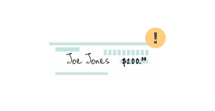 A cheque with an exclamation point in the corner