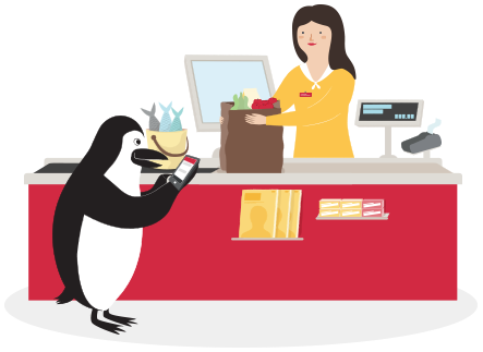 Percy Penguin receives a CIBC Fraud Alert at the checkout counter