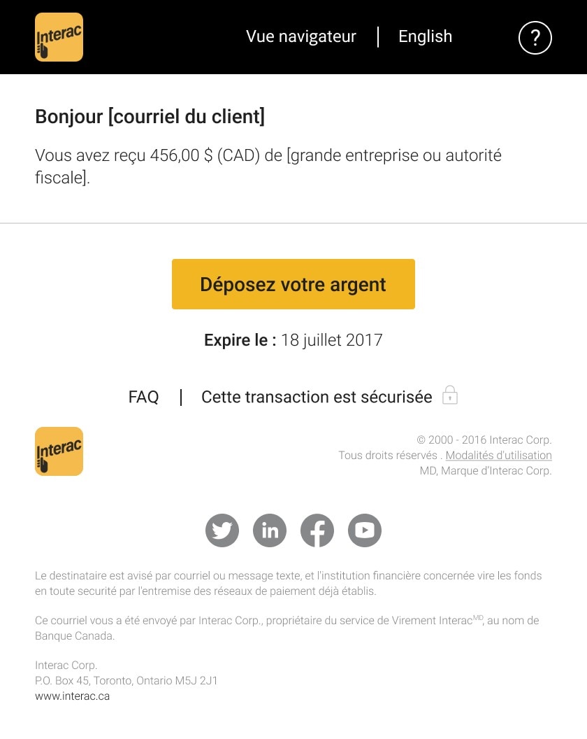 An example of a Interac e-Transfer® branding phishing email.