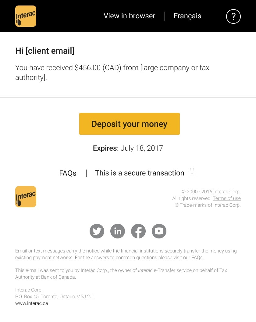 An example of a Interac e-Transfer® branding phishing email.