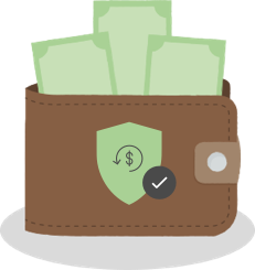 A wallet with money coming out of its top; the front of the wallet has a shield emblem and a checkmark