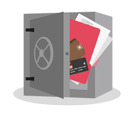 Un coffre-fort ouvert contenant des documents et des cartes bancaires