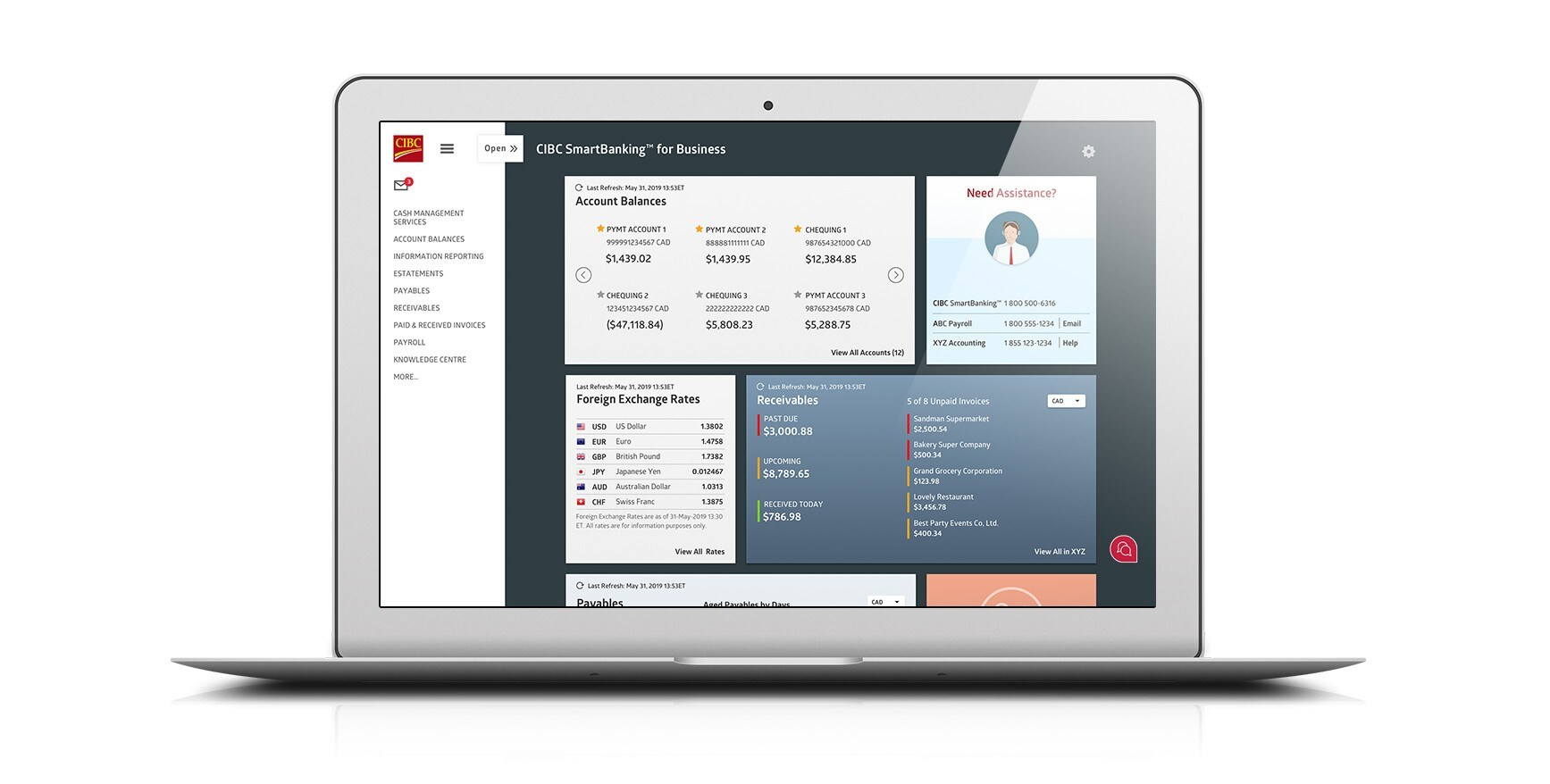 CIBC SmartBanking dashboard on a laptop