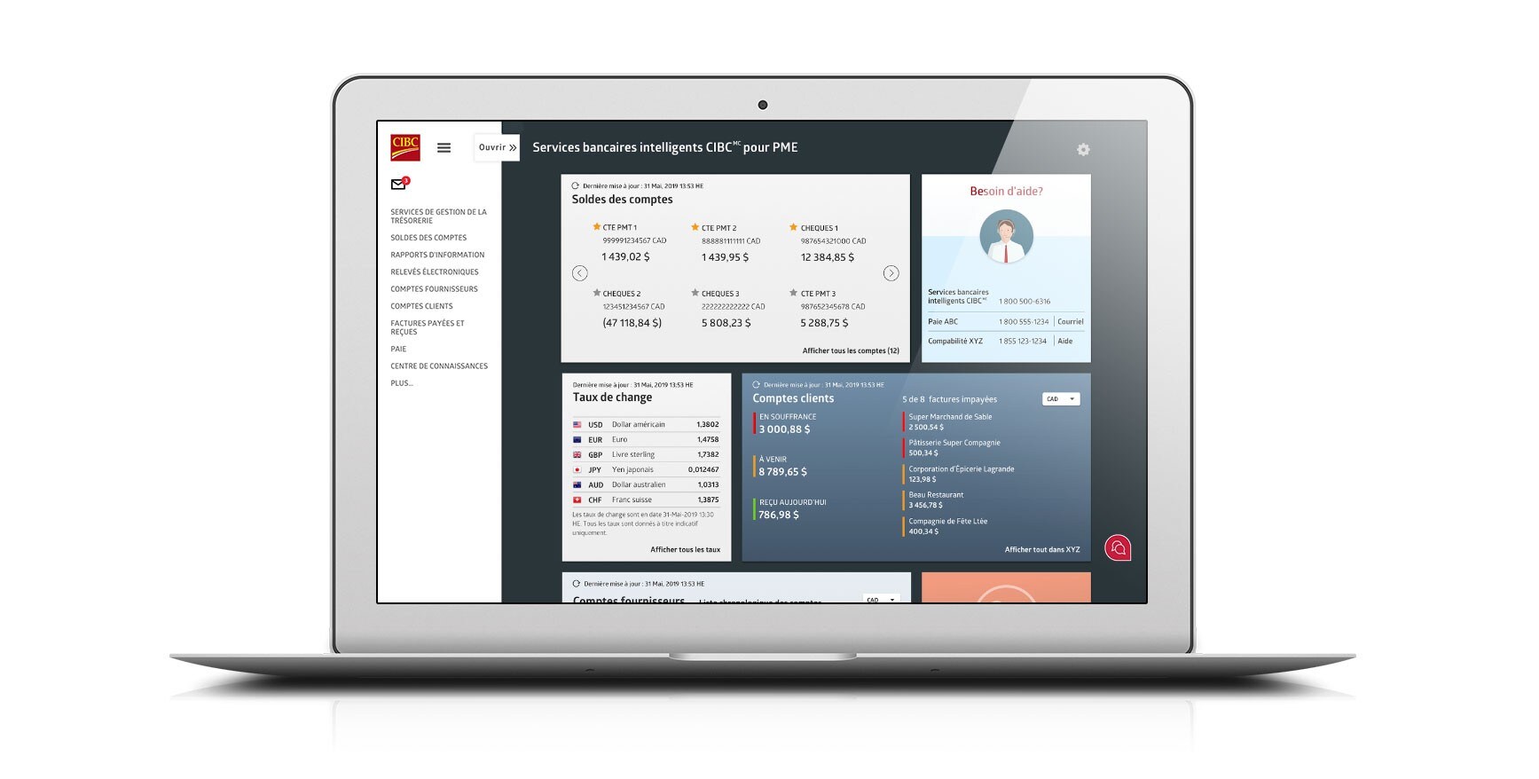 Tableau de bord de Services bancaires intelligents CIBC sur un ordinateur portatif
