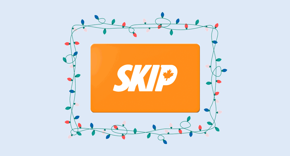 Revolving animation of CIBC Debit Card and Skip Gift Card surrounded by holiday lights.