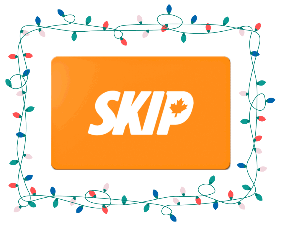 Revolving animation of CIBC Debit Card and Skip Gift Card surrounded by holiday lights.