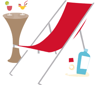 Beach chair with sunblock and beverages
