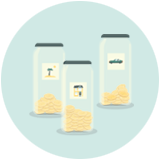 Three jars filled with coins and labelled for different savings goals: vacation, home and car