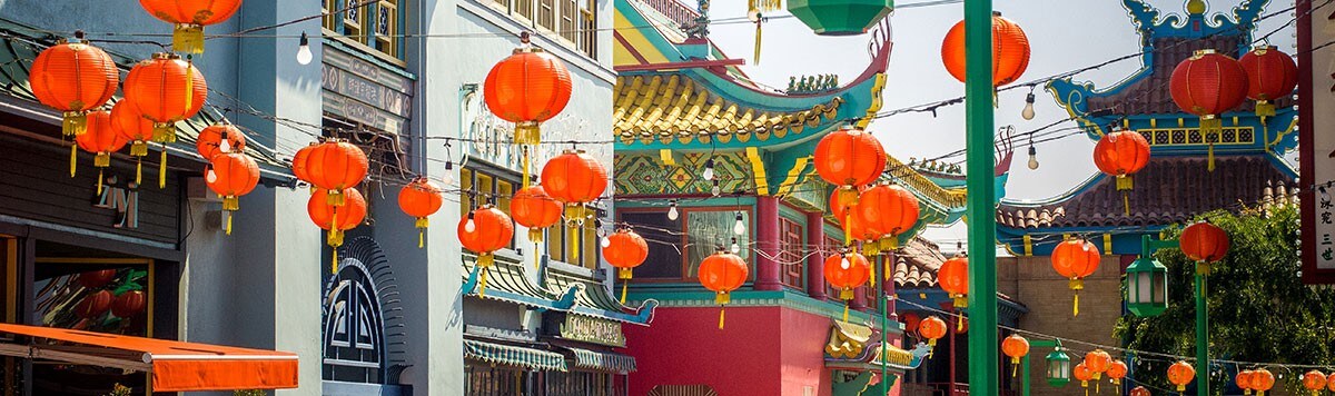 Hanging Chinese New Year lamps in Los Angeles.